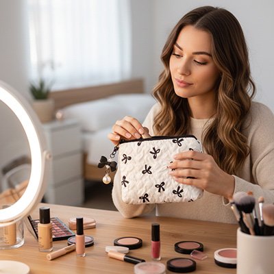 Petite trousse maquillage pour sac a main beige 