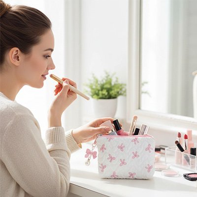Petite trousse maquillage pour sac a main blanc et rose